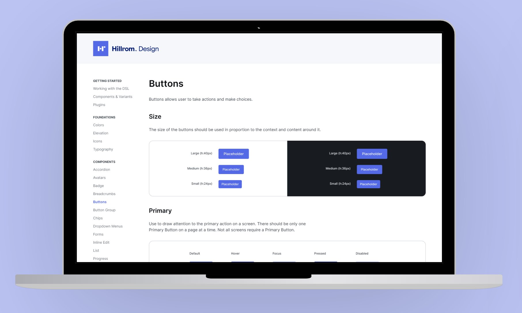 Hillrom Design documentation site — Buttons component page
