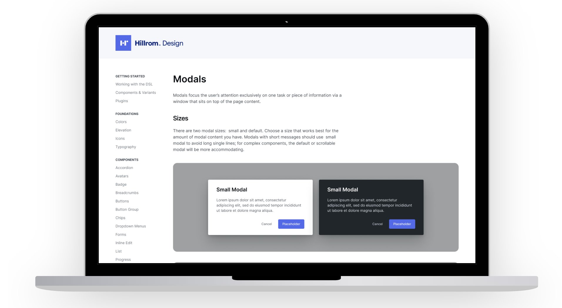 Hillrom Design documentation site — Modals component page